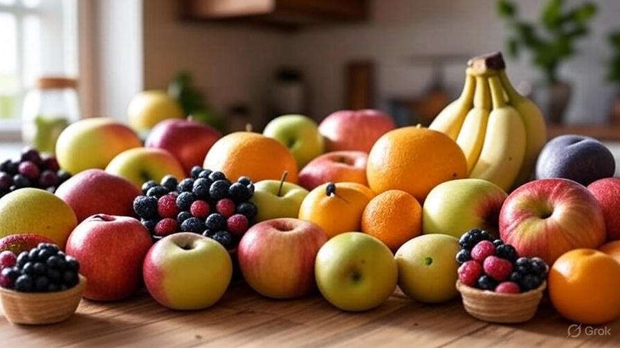 A vibrant assortment of fresh fruits displayed on a wooden table, including apples, oranges, bananas, grapes, strawberries, blueberries, and blackberries, with some fruits in small wooden baskets, set against a cozy kitchen background with natural light streaming in.