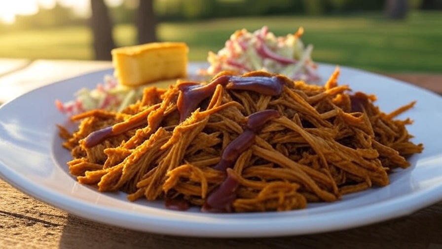 Shredded jackfruit pulled ribs with BBQ sauce, coleslaw, and cornbread, plant-based beef plate ribs alternative