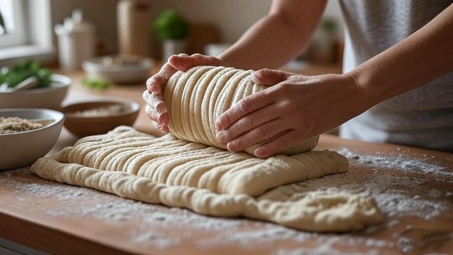 Hands shaping seitan dough into plant-based turkey ribs with ingredients on a kitchen counter