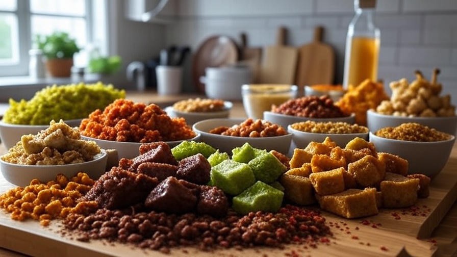 Assorted plant-based proteins and spices for pellet grill ribs preparation