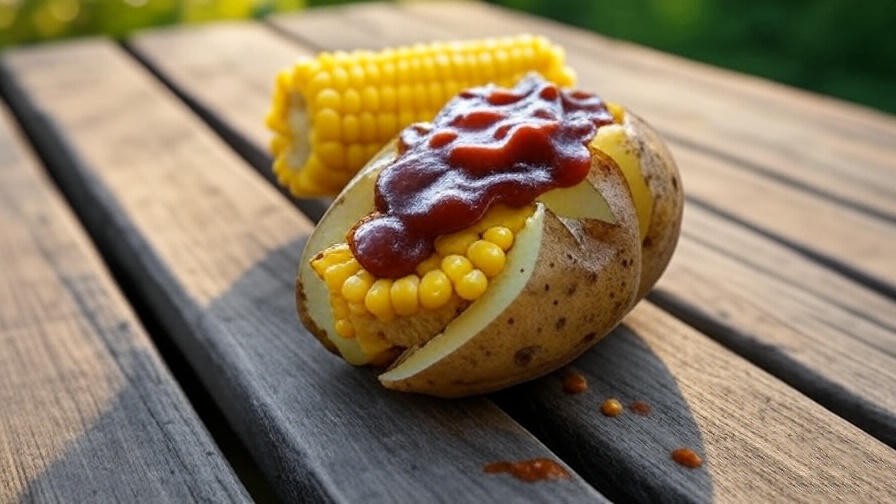 Close-up of baked potato with vegan BBQ sauce and corn on the cob, plant-based Rib City sides