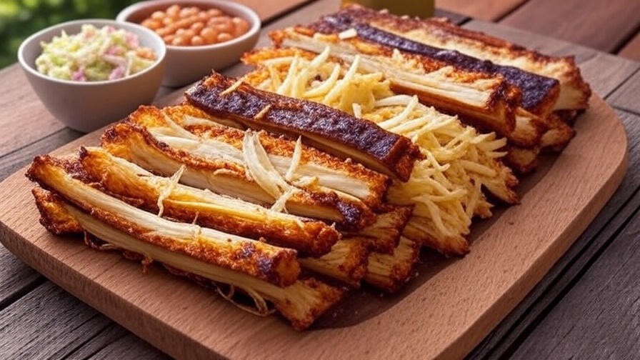 Plant-based jackfruit and mushroom ribs with vegan coleslaw and baked beans on a rustic table