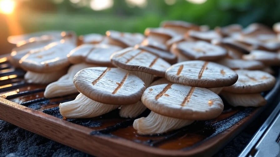 Grilled king oyster mushroom slices with marinade, plant-based alternative to beef plate ribs