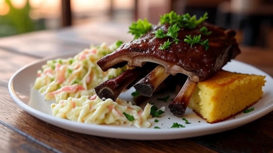 Plated plant-based turkey ribs with coleslaw and cornbread on a wooden table, sunset glow
