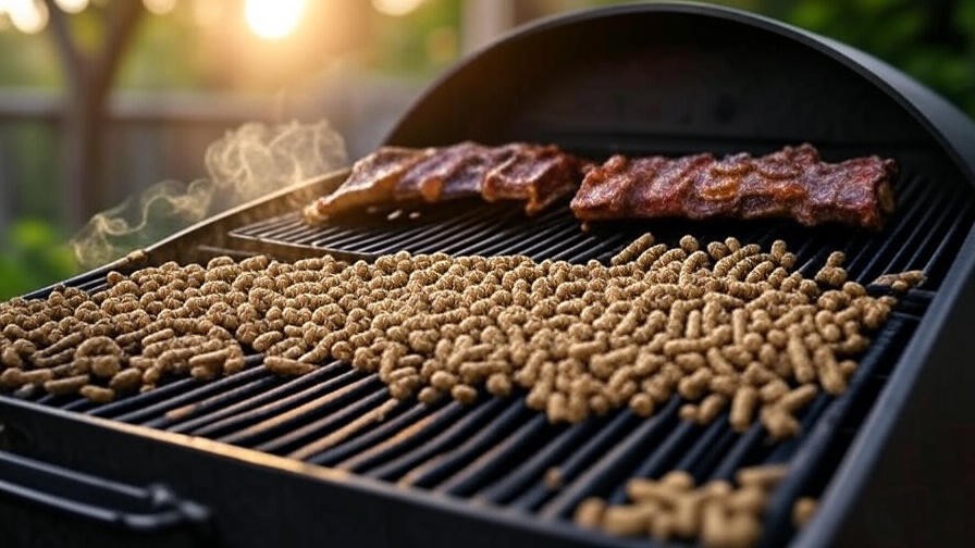 Pellet grill cooking plant-based ribs with smoking wood pellets