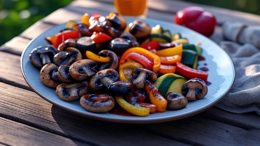 Customizable vegetable plate with grilled mushrooms and peppers, vegan Rib City main dish