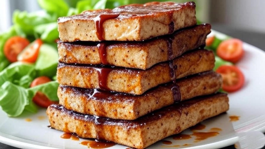 Baked plant-based tofu ribs with green salad and BBQ sauce drizzle