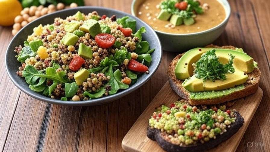 A colorful healthy meal spread on a wooden table, featuring a bowl of quinoa salad with avocado, cherry tomatoes, chickpeas, and leafy greens, a bowl of creamy soup topped with avocado and herbs, and two slices of toasted bread topped with mashed avocado and a quinoa-herb mixture. A lemon and additional chickpeas are visible in the background.