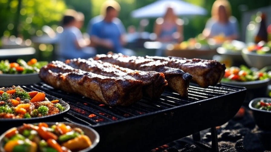 Plant-based turkey ribs grilling at an outdoor BBQ party with vegan sides and people