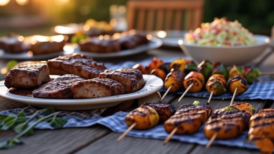 Plated plant-based pellet grill ribs with vegan coleslaw and veggie skewers