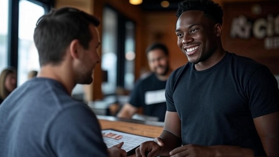 Person communicating with Rib City server about plant-based menu options