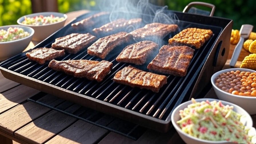 Grilled plant-based ribs with vegan coleslaw, baked beans, and corn in a sunny BBQ setting