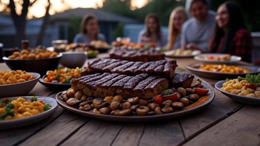 Outdoor BBQ with plant-based ribs and vegan sides, alternative to beef plate ribs