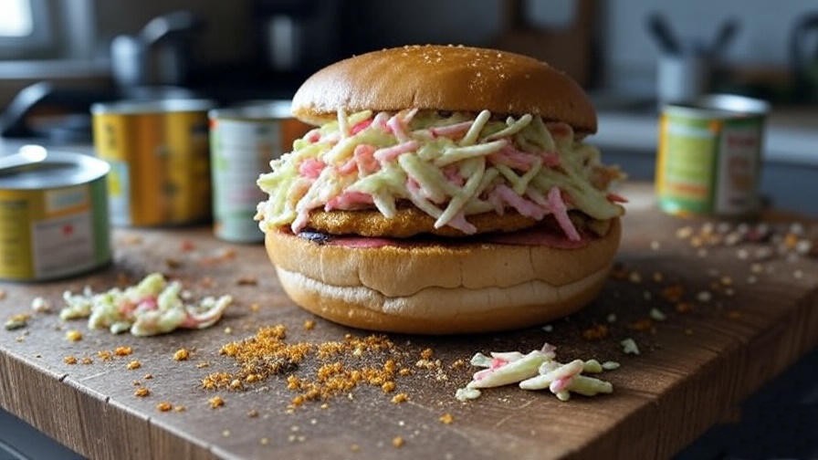Homemade jackfruit pulled pork sandwich with vegan coleslaw, inspired by Rib City