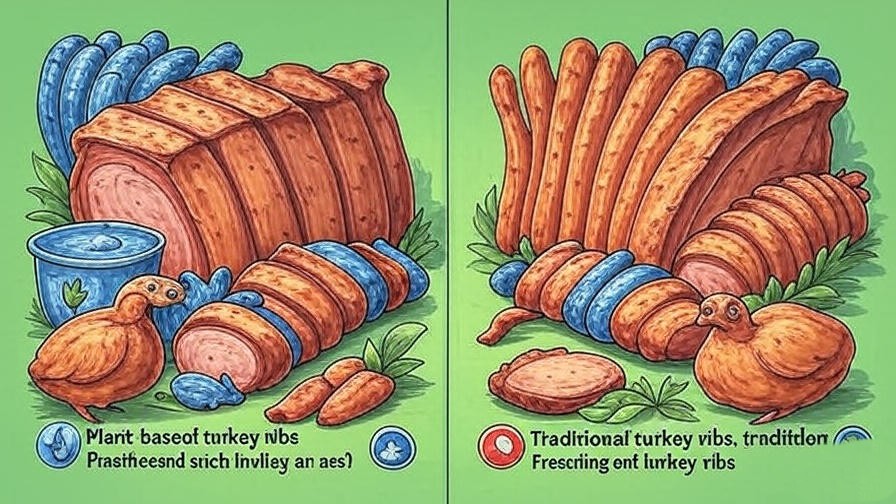 Infographic comparing environmental impact of plant-based vs traditional turkey ribs