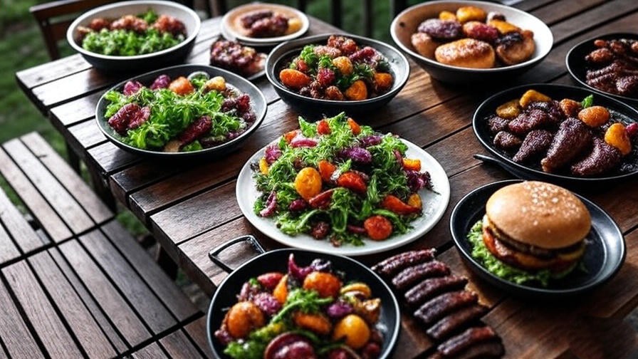 Comparative BBQ dishes including plant-based salad and grilled veggies from various chains