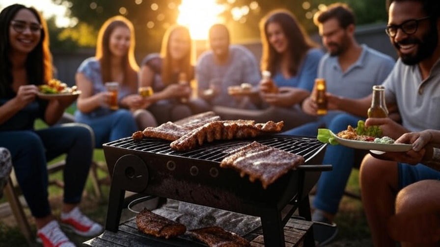 Outdoor BBQ with friends enjoying plant-based ribs and vegan sides in golden hour light