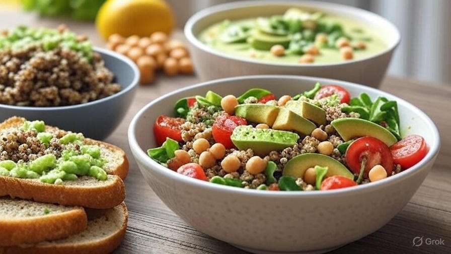 A healthy meal spread on a wooden table, featuring a bowl of quinoa salad with avocado, cherry tomatoes, chickpeas, and leafy greens, two bowls of creamy soup topped with avocado and herbs, a bowl of quinoa and avocado mixture, and slices of toasted bread topped with mashed avocado and quinoa, with a lemon and additional chickpeas in the background.