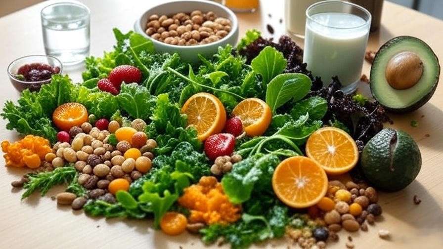 A vibrant flat-lay of plant-based foods on a light wooden table, including legumes, nuts, greens, avocados, fruits, water, and fortified plant-based milk.
