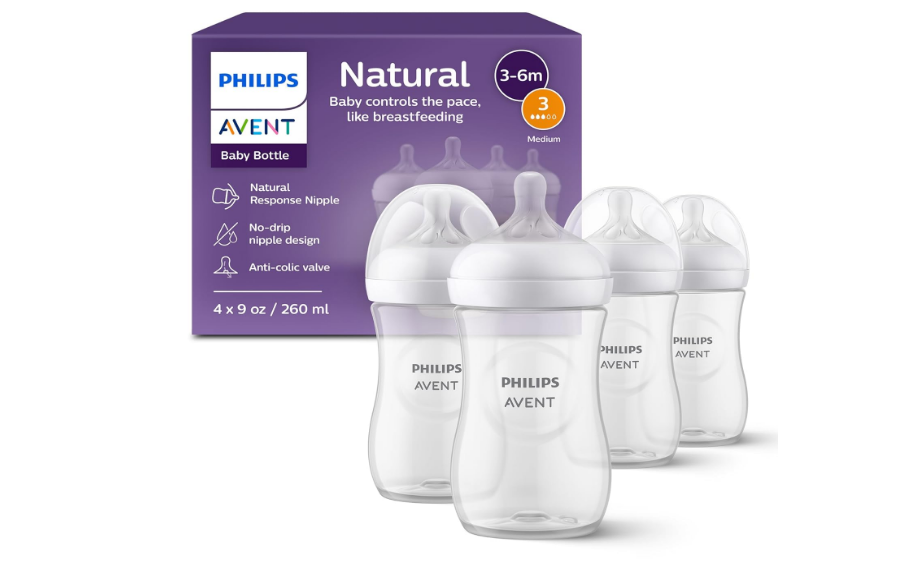 Philips Avent Natural Baby Bottles with Natural Response Nipples (Medium Flow, Flow 3), 9oz, 4-Pack, SCY903/04