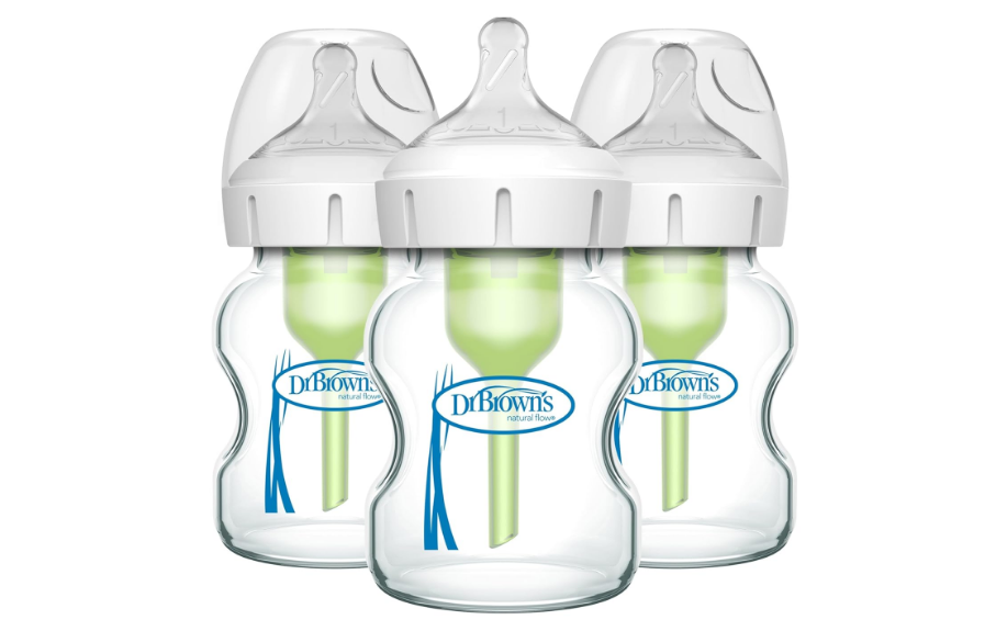 Dr. Brown's Natural Flow Anti-Colic Options+ Wide-Neck Glass Baby Bottles 5 oz/150 mL, with Level 1 Slow Flow Nipple, 3 Pack, 0m+