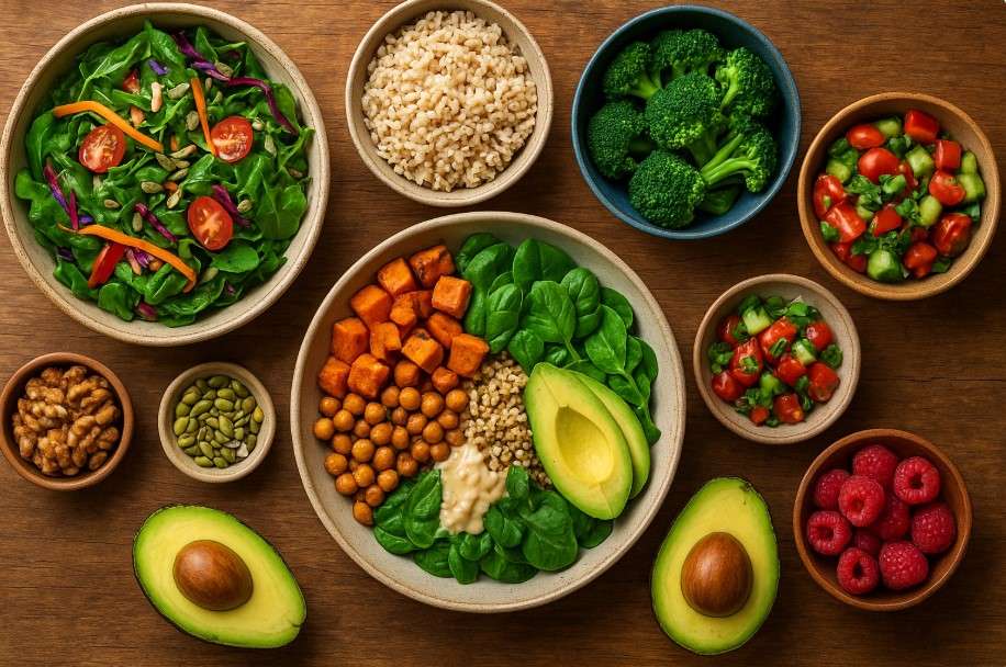 Colorful plant-based meal with avocado, chickpeas, sweet potatoes, spinach, grains, fresh salad, broccoli, and berries served in bowls on a wooden table.