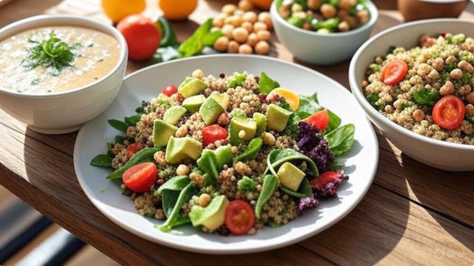 A vibrant plant-based meal on a rustic wooden table, featuring a colorful quinoa salad with leafy greens, diced avocado, cherry tomatoes, and nuts, a bowl of creamy lentil soup with fresh herbs, and a slice of citrus-infused avocado toast, with whole chickpeas and citrus fruits in the background.