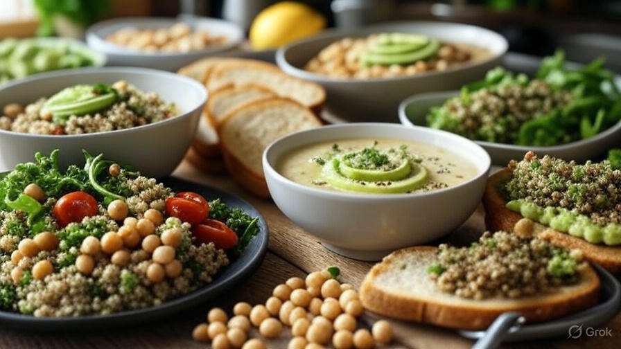 A colorful healthy meal spread on a wooden table, featuring bowls of quinoa salad with avocado, cherry tomatoes, chickpeas, and leafy greens, bowls of creamy soup topped with avocado and herbs, and slices of toasted bread topped with mashed avocado and quinoa, with scattered chickpeas and a lemon in the background.
