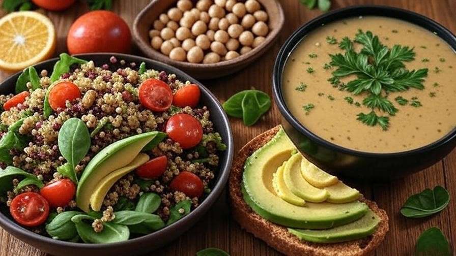 A vibrant plant-based meal on a rustic wooden table, featuring a colorful quinoa salad with leafy greens, diced avocado, cherry tomatoes, and nuts, a bowl of creamy lentil soup with fresh herbs, and a slice of citrus-infused avocado toast, with whole chickpeas and citrus fruits in the background.
