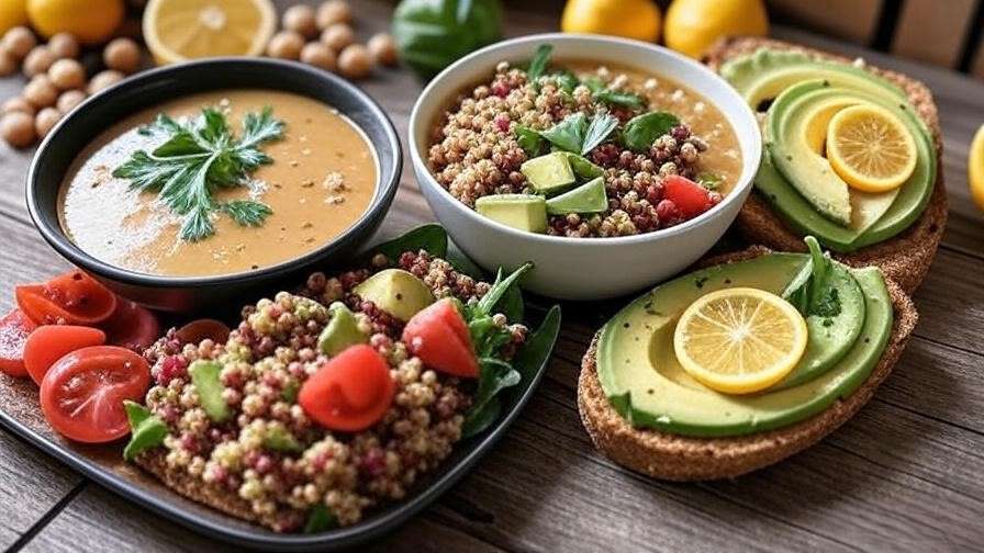 A vibrant plant-based meal on a rustic wooden table, featuring a colorful quinoa salad with leafy greens, diced avocado, cherry tomatoes, and nuts, a bowl of creamy lentil soup with fresh herbs, and a slice of citrus-infused avocado toast, with whole chickpeas and citrus fruits in the background.