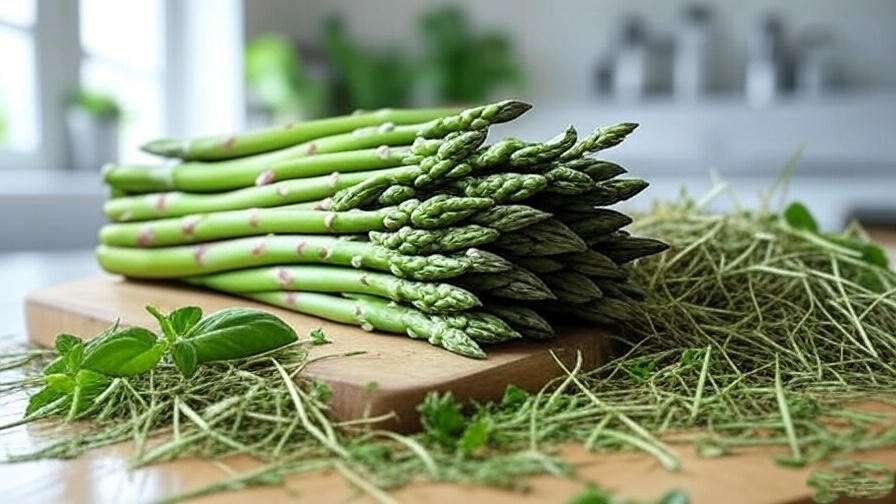 Fresh asparagus spears with hay and greens for rabbit diet illustration