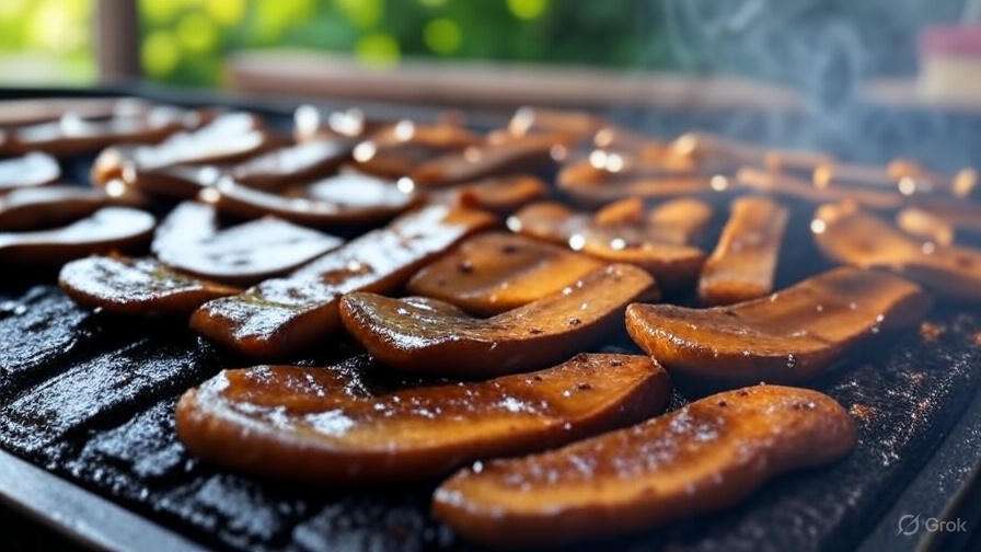 Grilled portobello mushroom ribs with BBQ sauce and smoky grill marks, plant-based BBQ dish.