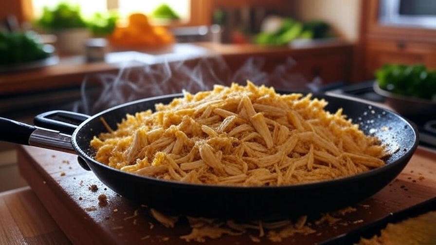 Pan-seared shredded jackfruit with BBQ seasoning in a bright kitchen setting