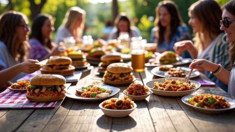 Outdoor vegan BBQ party with pulled jackfruit sandwiches and mushroom ribs on a rustic table.