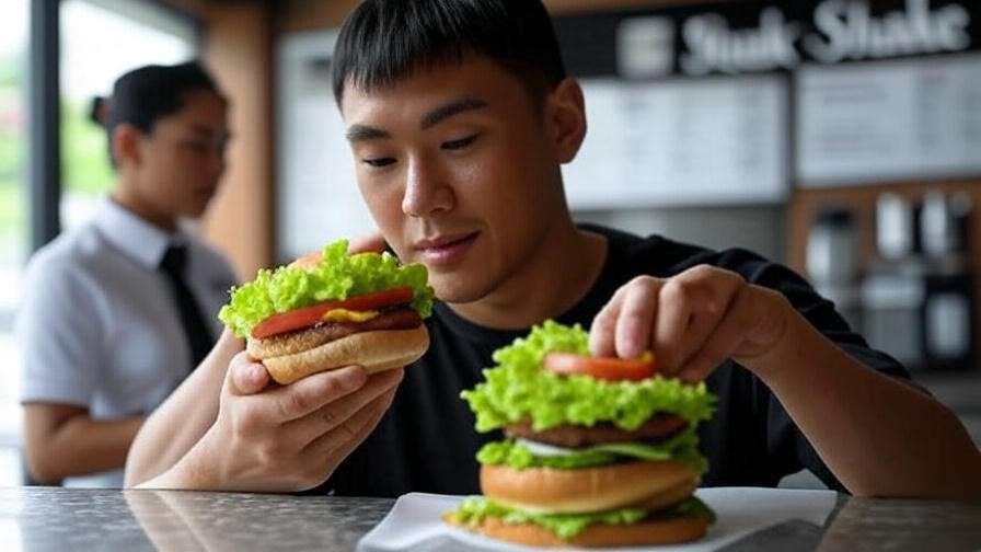 Person customizing plant-based burger at Steak and Shake counter.