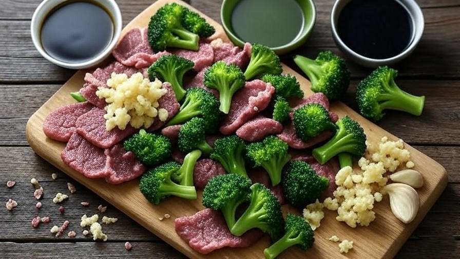 Fresh ingredients for Panda Express broccoli beef copycat recipe including flank steak and broccoli.