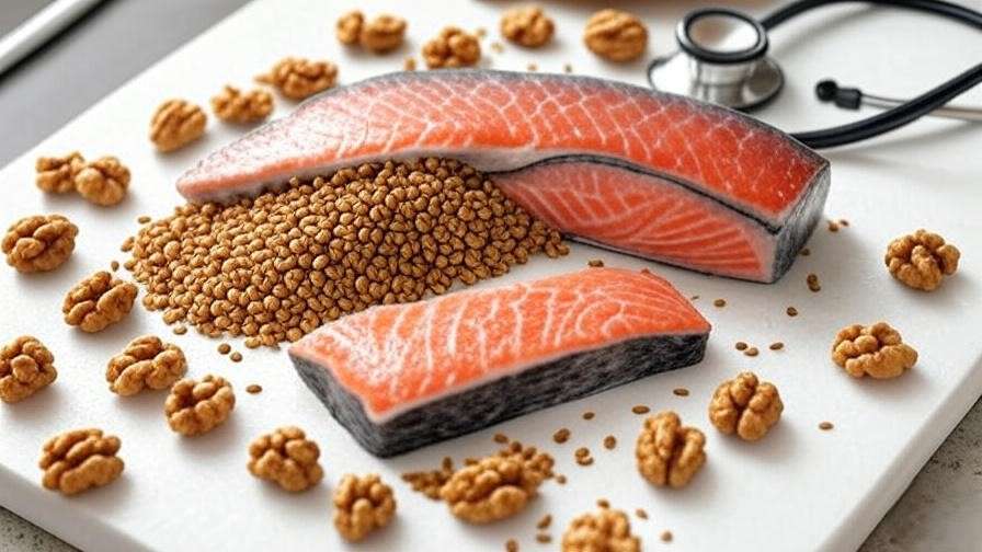 White salmon with omega-3 foods and stethoscope for health
