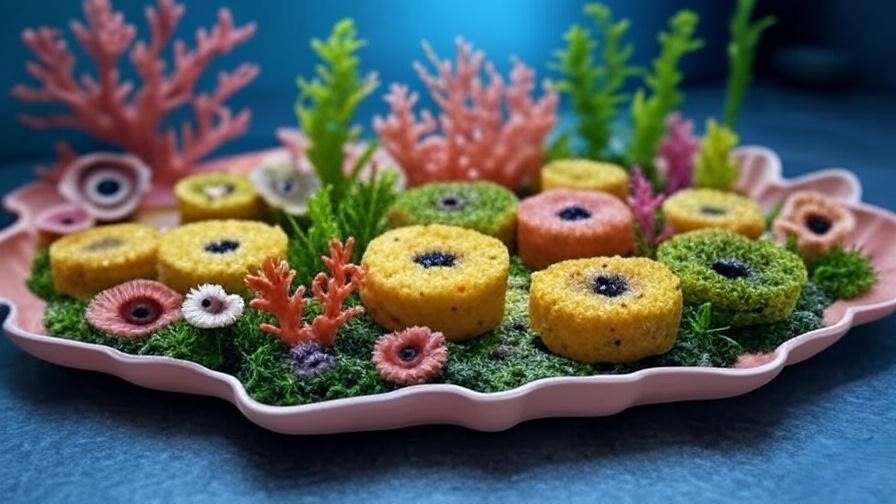 Plate of plant-based jackfruit crab cakes and seaweed fish on a coral platter in an underwater-inspired kitchen