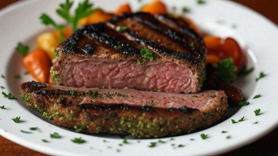 Sliced smoky seitan halal vegan steak with herb rub and grilled veggies for irresistible plant-based dinner.
