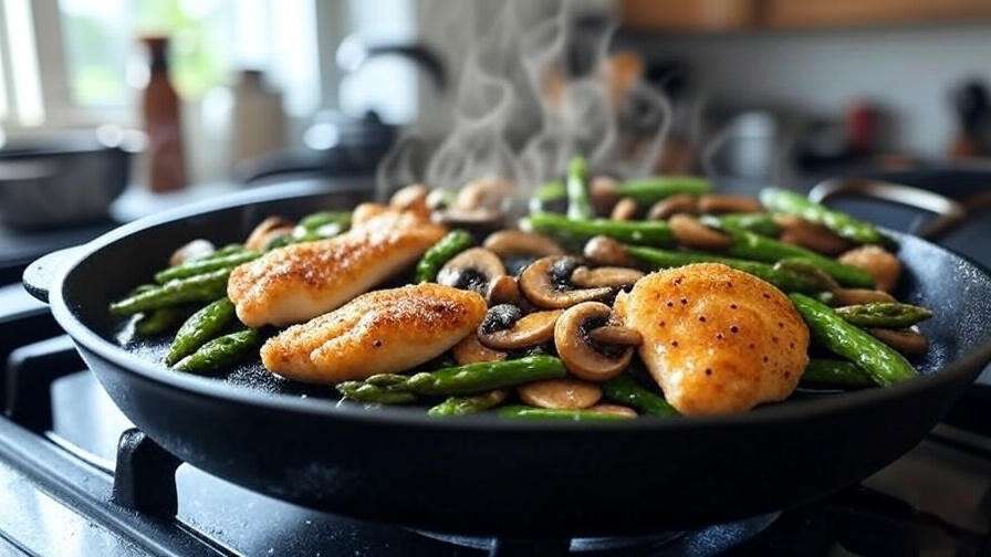 Sautéing chicken, mushrooms, and asparagus in a skillet for creamy mushroom and asparagus chicken penne recipe.