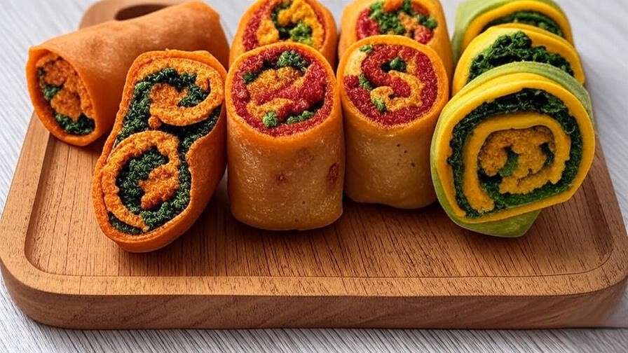 Three vegan egg roll variations (sweet potato-kale, buffalo cauliflower, Thai basil-mango) cut in half on a wooden board, showcasing colorful fillings.