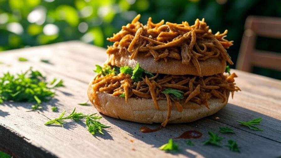 Vegan pulled jackfruit BBQ sandwich with smoky sauce on a whole-grain bun, surrounded by fresh herbs, healthy plant-based BBQ.