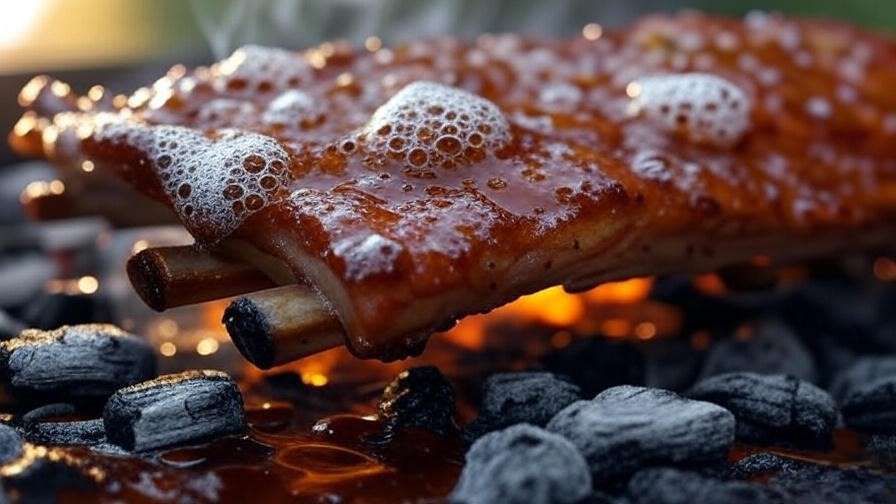 Close-up grilling vegan ribs with glossy rib candy glaze application.
