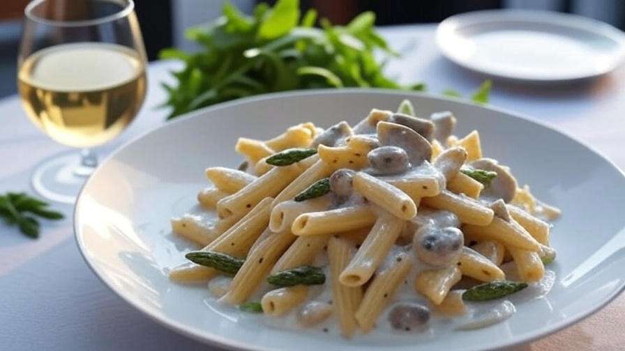 Creamy mushroom and asparagus chicken penne served with salad and wine pairing.