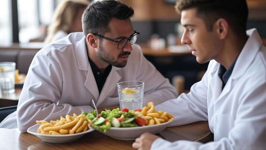 Nutritionist advising on healthy plant-based meal with fries and salad at Steak and Shake.