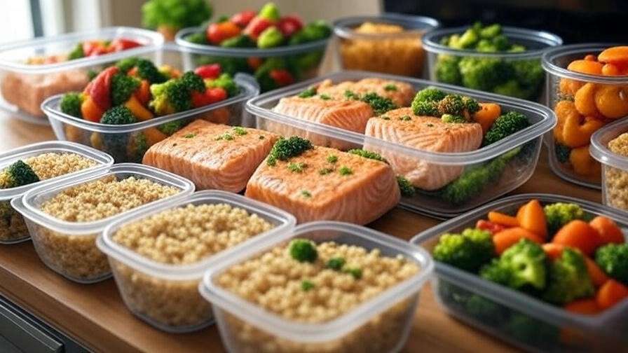Meal prep layout with white salmon and plant-based sides