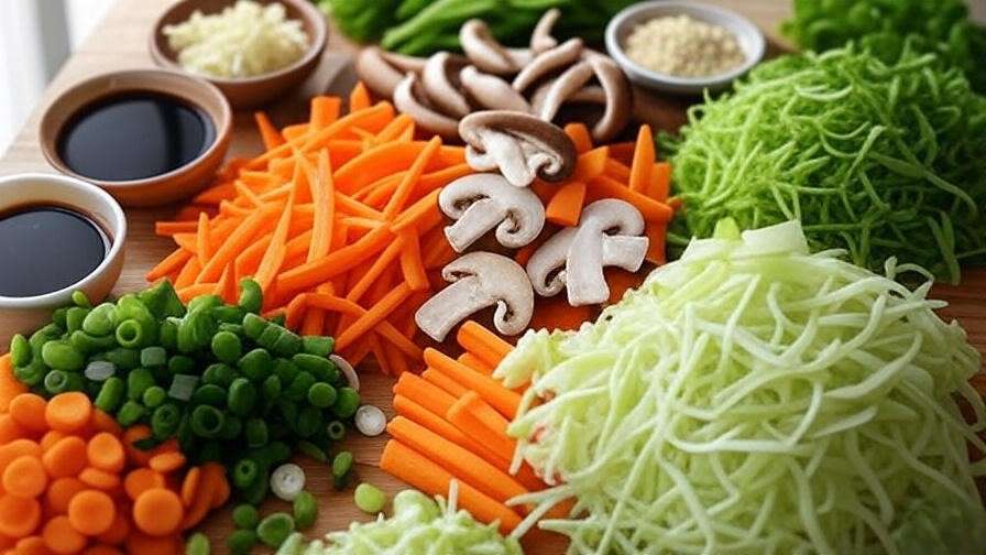 Close-up of fresh shredded cabbage, carrots, mushrooms, and green onions on a wooden table, showcasing vibrant ingredients for vegan egg rolls.