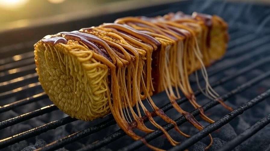 Jackfruit vegan rib fingers pulling apart on grill