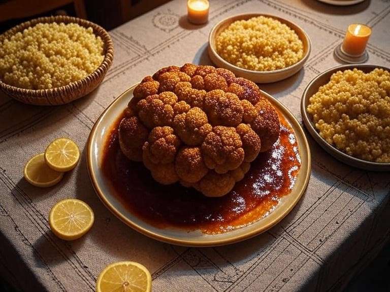 Roasted cauliflower steak served with couscous in sustainable halal vegan recipe.