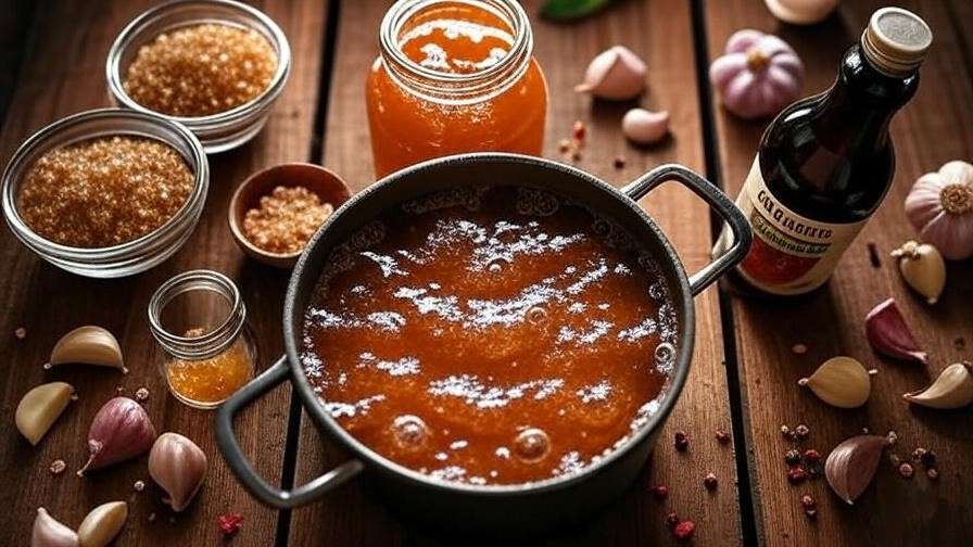 Overhead view of ingredients for sweet sticky rib candy vegan BBQ glaze.